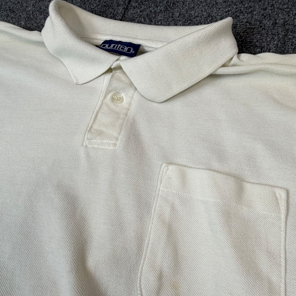 VTG Puritan Mens Size Large Short Sleeve Pique Polo Shirt Off White Pocket Cream